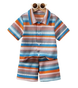 Ensemble 2 pièces d'été pour garçons : T-shirt à manches courtes en coton et short, motif rayé, style décontracté et tendance, idéal pour l'extérieur - Product Image 1