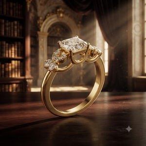 แหวนหมั้นทรง Asscher สีทองเหลืองประดับเพชรลายใบไม้ด้านข้าง ดีไซน์วินเทจสำหรับผู้หญิง - Product Image 1