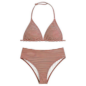 Womens <b>Striped</b> Bikini Set Halter <b>Top</b> High Waist Bottoms Green White Patterned Two Piece Swimwear Stretch Knitted - Product Image 4