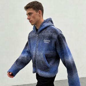 Sweat à capuche décontracté pour homme, tendance, bleu gris dégradé, en tissu texturé duveteux, avec fermeture éclair, imprimé personnalisé, poche surdimensionnée - Product Image 5