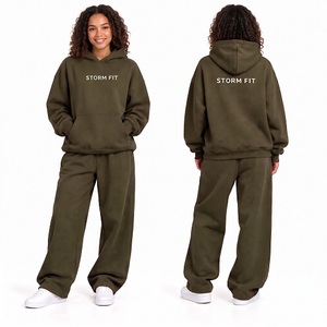 Conjunto de Sudadera con Capucha y Pantalones de Forro Polar Verde Oliva para Mujer, Estilo Urbano, Corte Regular, 2 Piezas, Ropa de Invierno 100% - Product Image 1