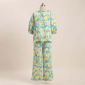 Conjunto de Pijama de Satén 100% Algodón Azul Marino para Mujer, Manga Larga, Cuello en V, Cintura Elástica, Botones al Frente, Ropa de Dormir Ecológica y Transpirable - Product Image 1