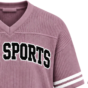 Dusty Pink Knit <b>V</b> <b>Neck</b> Sports Jersey Short Sleeve White Stripe Detail Custom <b>Oversized</b> Casual Athletic Performance Team <b>Shirt</b> - Product Image 5