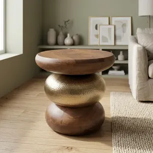 Modern <b>Round</b> Coffee <b>Table</b> Wood Top <b>Gold</b> Metal Base Contemporary Living Room Furniture Handmade Accent <b>Table</b> - Product Image 5