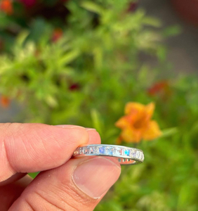 Rainbow Moonstone Eternity Band Sterling Silver Princess Cut Stackable <b>Ring</b> Minimalist Wedding Jewelry - Product Image 1