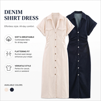 Robe midi en jean pour femme, ajustée, à manches courtes, plissée, taille définie, coupe slim, décontractée, mode été