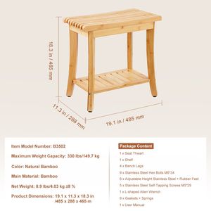 Panca da Doccia Impermeabile in Bambù 48,5 x 28,7 x 46,5 cm, Sedia per Spa e Bagno con Capacità di Carico di 150 kg, Ripiano Portaoggetti per Bagno - Product Image 4