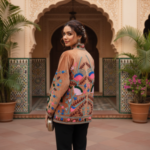 Brown Velvet Embroidery Bomber Jacket | Floral Needle <b>Work</b> <b>Stand</b> Collar Women Casual Wear Handmade Masterpiece Cotton Lining - Product Image 3