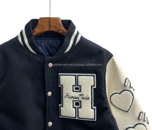 Veste universitaire de haute qualité pour homme avec broderie alphabétique, 100% laine, manches en cuir véritable, col montant, poche poitrine, hiver - Product Image 2