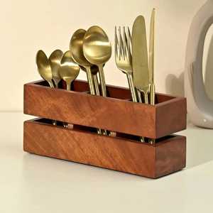 Rustic Wooden Cutlery Holder Kitchen Utensil Organizer with Handle Multi Compartment Spoon Fork Knife <b>Storage</b> Box <b>Tabletop</b> Rack - Product Image 6