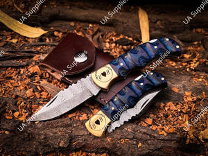 Cuchillo Plegable de Bolsillo de Acero de Damasco Hecho a Mano, Grado Industrial, Mango de Madera Pakka Esculpido a Mano con Latón, Agarre Firme, para Senderismo, OEM - Product Image 5
