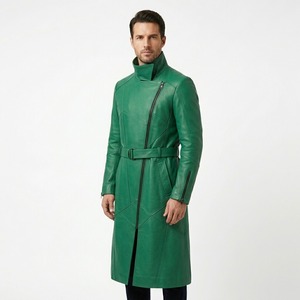 Abrigo Largo de Cuero Genuino Verde para Hombre, con Cierre, Cuello Alto y Cinturón, Impermeable - Product Image 3