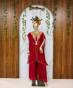 Ensemble Palazzo en Georgette Fantaisie avec Broderie Zari, Veste et Blouse Style Western, Style Vintage Indien/Pakistanaise, Séchage Rapide, Mariage 86242 - Product Image 4
