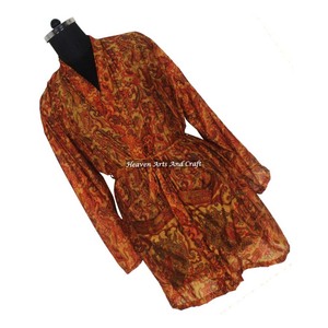 KS007 Hermoso Kimono Sari Vintage, Túnica Corta, Estampado Floral de Verano, Estilo Bohemio, Manga Larga, para Vacaciones - Product Image 4