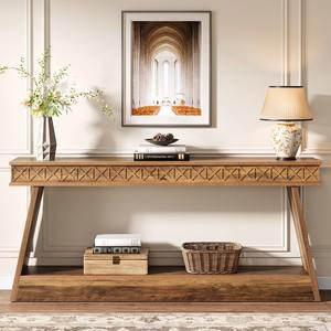 Long Modern Iron Console Table with Carved Geometric Pattern Rustic Brown Finish <b>TV</b> Stand for Living Room Furniture - Product Image 6