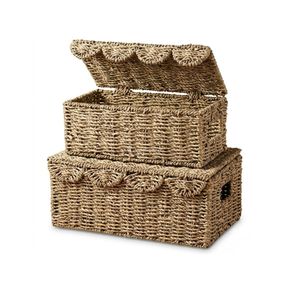 Handmade Rattan Storage <b>Basket</b> Rectangle Woven Box <b>with</b> <b>Lid</b> Rustic Style for Living Room Neatening Organizing - Product Image 1