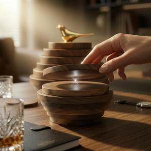 Handcrafted Brown Acacia Magnetic Stacking Coasters | Quiet Luxury Sculptural <b>Desk</b> Decor | Japandi Functional Art Executive Gift - Product Image 3
