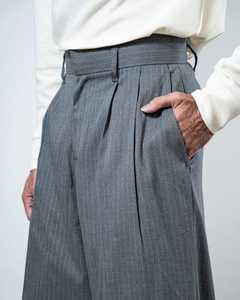<b>Men's</b> Grey <b>Pinstripe</b> Pleated Wide Leg Formal Elastic Waist <b>Trousers</b> Wholesale OEM ODM Cuffed Hem Business Casual Bulk - Product Image 4