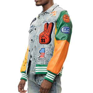 เสื้อแจ็คเก็ตเบสบอลยีนส์คอตั้ง แขนหนัง ไซส์ใหญ่  ปักลาย OEM แบบกำหนดเอง สำหรับทุกเพศ  พร้อมป้ายปักตัวอักษร - Product Image 6