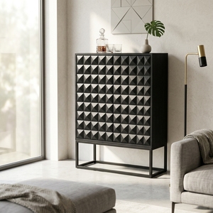 Dice Cabinet Black Modern Wooden Storage <b>Drawer</b> Organizer Featuring Geometric Diamond Pattern Carved Facade And Metal Base - Product Image 3