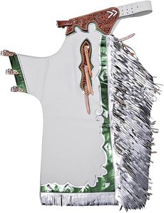 Western Chaps <b>Men</b> Genuine Leather Full Fringe <b>Apron</b> with Silver Buckles and Green Trim Riding Equestrian Accessory - Product Image 3