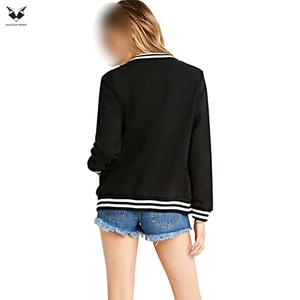Veste universitaire noire pour femme à manches longues, col boutonné, couleur unie, en laine d'hiver avec garniture contrastante en cuir PU, coupe classique, vente en gros - Product Image 3