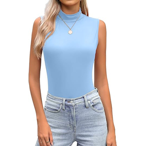 Camiseta sin mangas de cuello alto para mujer, hecha a medida, de moda, ajustada, elástica, de spandex/poliéster, con bordado, de color liso. - Product Image 3