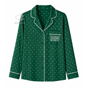 Iota Phi Lambda Sorority Women's <b>Green</b> Heart Print Pajama Set Button Front Long Sleeve Notched Collar Contrast Piping PJs - Product Image 2