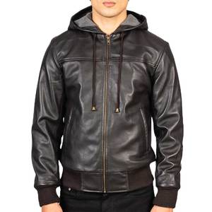 Chaqueta de cuero genuino con capucha negra para hombre, estilo casual, con cremallera y cordón ajustable. - Product Image 5
