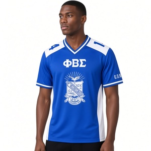 Camiseta Azul Rey y Blanca con Cuello en V Phi Beta Sigma, Estampado de Escudo con Letras Griegas, Mangas Cortas, Paneles de Hombro en Contraste, 100% Algodón - Product Image 1