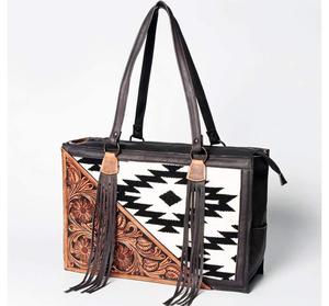 Handmade Genuine Leather Laptop Tote <b>Bag</b> with Black & <b>White</b> Aztec Wool Panel and Fringe - Product Image 4