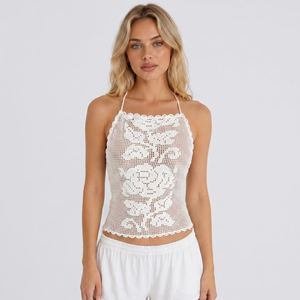 Top Halter en Crochet Blanc 100% Coton Respirant pour Femme, Style Bohème, Dentelle Florale, Sans Manches, Gilet d'Été - Product Image 1