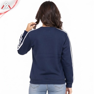 Sudadera de Cuello Redondo Azul Marino para Mujer con Rayas Blancas en las Mangas, Corte Regular, Informal, Tejida, 100% Algodón, Sudadera para Invierno - Product Image 3