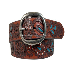 Nouvelle ceinture en cuir occidentale unisexe, design floral personnalisé, avec boucle ardillon ovale en laiton, ceinture en cuir repoussé - Product Image 3