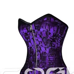 Proveedor mayorista de vestido corto acampanado con corsé de encaje floral negro y satén morado, con cremallera frontal. - Product Image 3