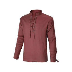 Chemise habillée vintage STITCH MASTER pour homme en lin et coton corail, col mandarin, manches longues, respirante, couleur unie, haut de printemps - Product Image 1