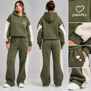 Ensemble de survêtement décontracté pour femme, vert olive et blanc, avec sweat à capuche oversize et pantalon de jogging à jambes larges, tenue deux pièces - Product Image 2