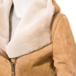 Women's Shearling Leather Jacket With Fur Trim Zipper Closure Full Sleeve Winter Coat Regular Length Windproof Suede Outerwear - Product Image 5
