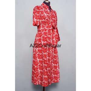 Robe midi pour femme en coton 100% tricoté, col en V, manches courtes, imprimé floral bohème, coupe trapèze, pour le bureau ou les occasions décontractées - Product Image 5