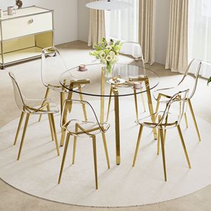 Modern Minimalist <b>Dining</b> <b>Table</b> with Circular Transparent Tempered Glass <b>Top</b> and Golden Metal Legs Suitable Kit - Product Image 4