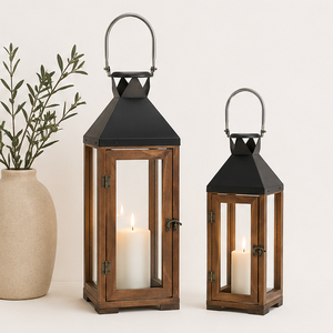 Farol de Vela Grande Rústico de Madera y Metal, Farol Decorativo Colgante para Centro de Mesa de Boda, Decoración del Hogar e Interior - Product Image 1