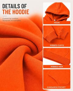 Men's Orange <b>Hooded</b> <b>Fleece</b> Sweatshirt Regular Fit Solid Color Casual Pullover with Front Pocket Autumn Wear - Product Image 6