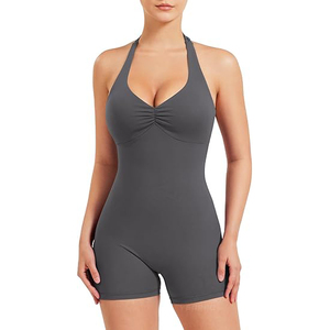 Built up Shelf Bra Yoga Jumpsuit Halter Women Nylon Spandex Blend One Piece Bodysuit Sleeveless Shorts Wireless Support - Product Image 1