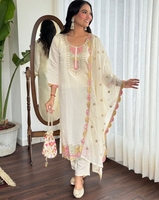 Ensemble Salwar Kameez Traditionnel KV en Soie Blanche à Motifs Floraux avec Pantalon et Dupatta (Tenue de Soirée)