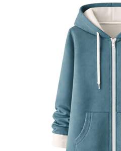 Sweat à capuche long zippé bleu sarcelle pour femme, manteau d'hiver en polaire décontracté et oversize avec poches, personnalisable OEM - Product Image 4