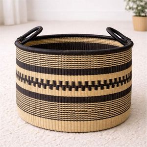 Handwoven Seagrass <b>Storage</b> <b>Basket</b> Black and Natural Decorative Round Organizer for Living Room Home Decor Wholesale Supplier - Product Image 1