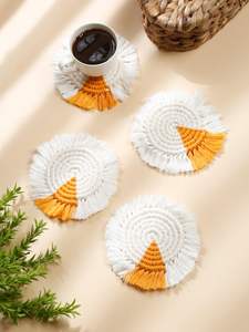 แผ่นรองแก้วมาคราเม่พร้อมแผ่นรองแบบโบโฮทำจากผ้าฝ้ายดูดซับ เป็นมิตรกับสิ่งแวดล้อม ทอมือ ป้องกันโต๊ะเสียหาย สำหรับแก้ว เทียน และต้นไม้ - Product Image 3