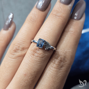 Emerald and Pear Cut Blue Lab Grown Diamond Toi et Moi <b>Ring</b> <b>Two</b> <b>Stone</b> Engagement <b>Ring</b> Minimal Modern Bridal Jewelry - Product Image 5
