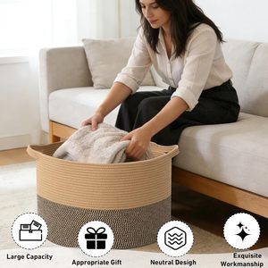 65L Large Woven Cotton Rope Nursery <b>Basket</b>, Laundry <b>Basket</b> Laundry Hamper with Handles,Blanket <b>Basket</b> <b>Storage</b> - Product Image 2