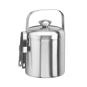 Gold Brass <b>Ice</b> Bucket with Tongs Round Cream Leather Metal Beverage <b>Cooler</b> Tub - Product Image 2